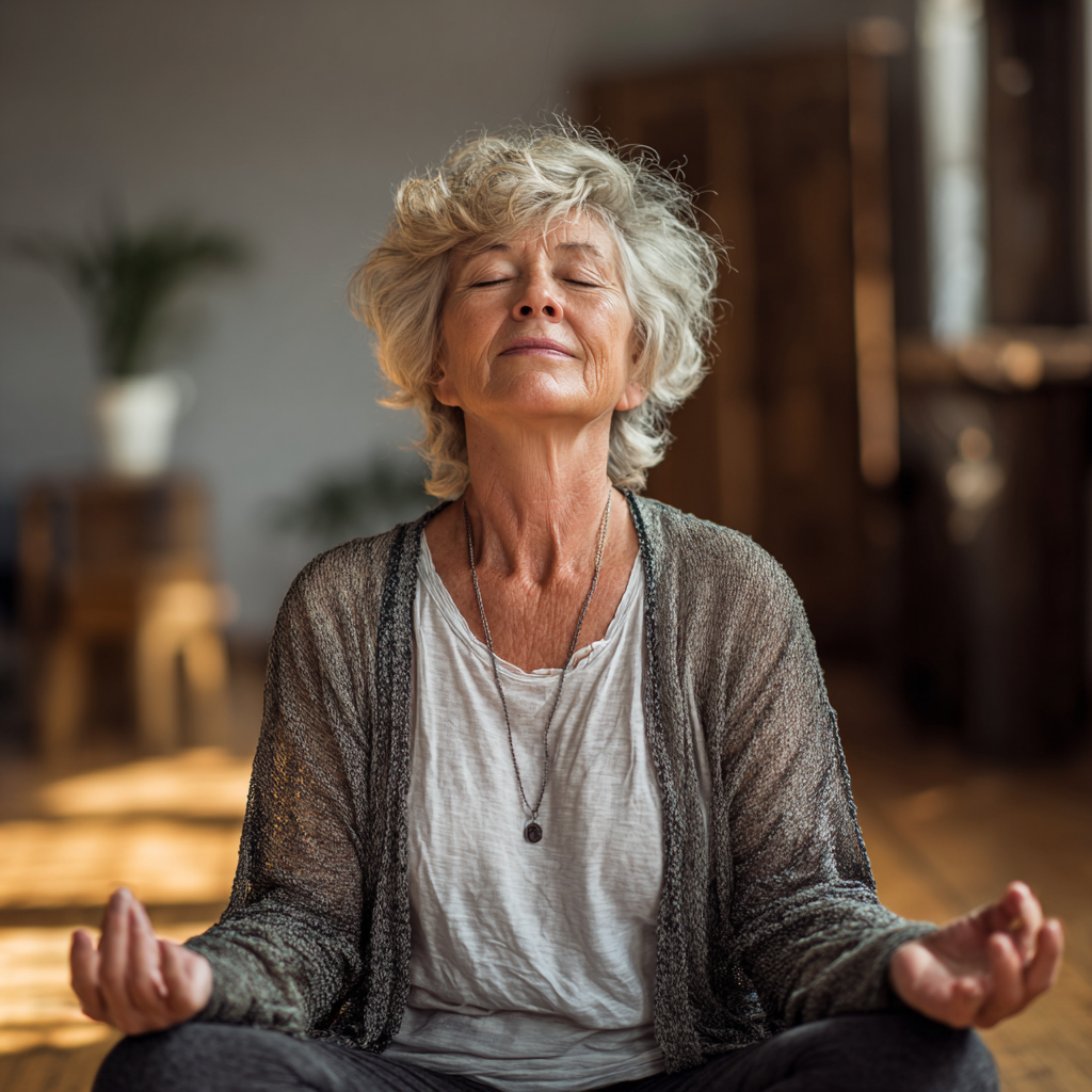 Smiling elderly European woman practicing yoga poses in peaceful outdoor setting