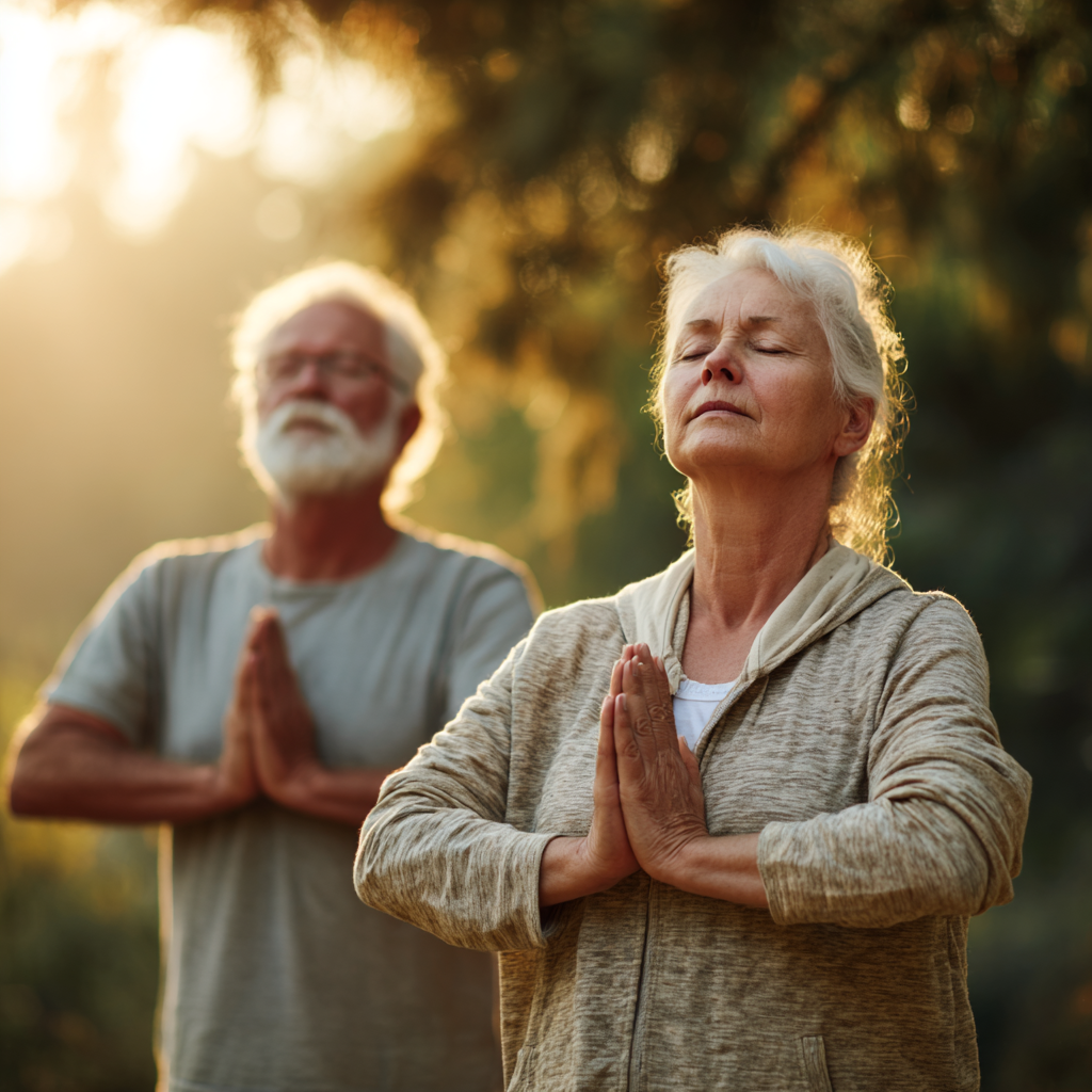 Diverse group of smiling elderly European people of different ages practicing adapted yoga poses in supportive environment